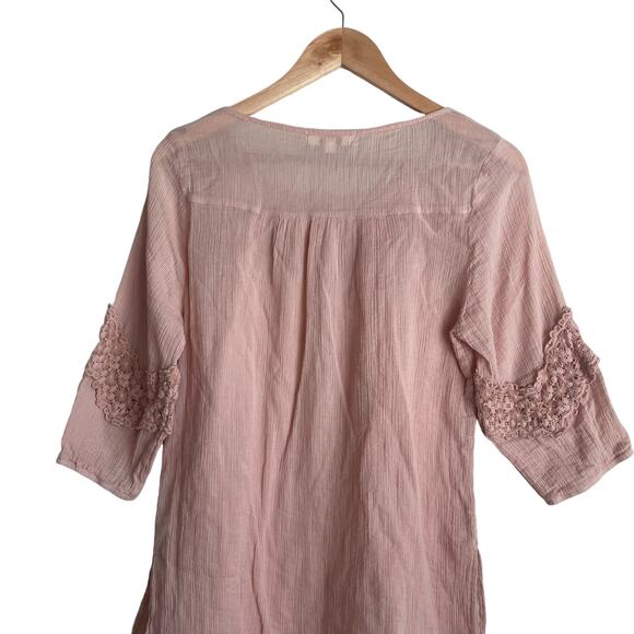 Umgee Women Tunic Top S Peach Flower Crochet Inlet Gauzy Boho Cottage Prairie - Picture 4 of 10